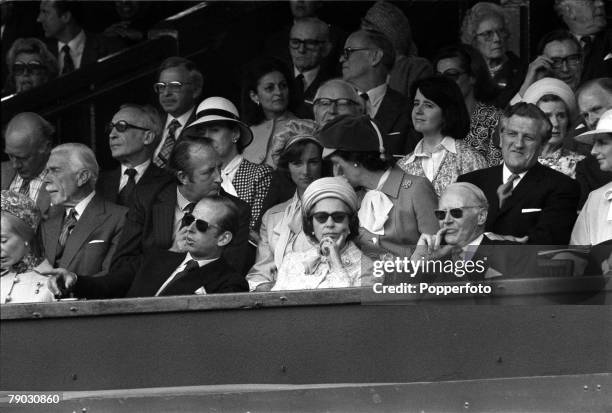 Sport, Tennis, All England Lawn Tennis Championships, Wimbledon, London, England, 1st July 1977, Ladies Singles Final, HM Queen Elizabeth II watches...