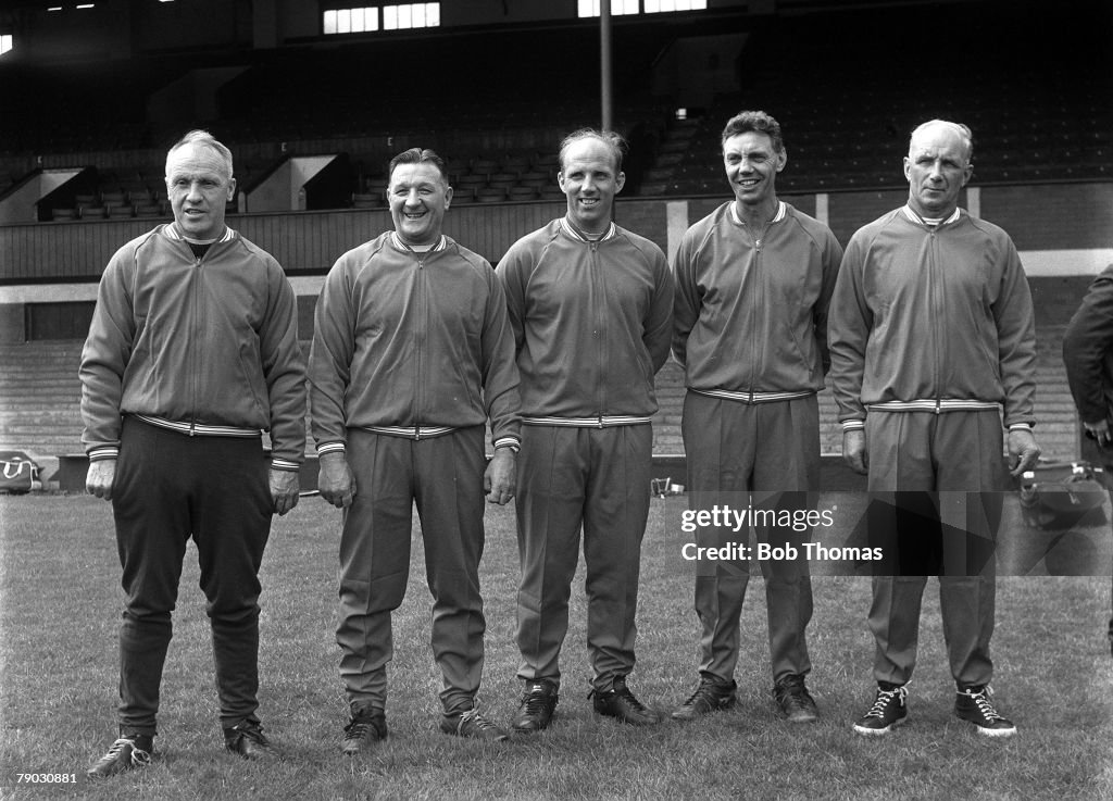 Sport. Football. Anfield, England. July 1968. Liverpool FC Manager Bill Shankley (left) is pictured with his coaching staff, L-R: Bob Paisley, Ronnie Moran, Joe Fagan, and Reuben Bennett.