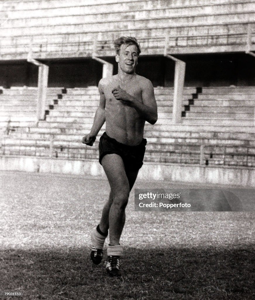 Sport/Football. May 1959. England in Brazil. England forward Bobby Charlton training bare chested in the heat of Brazil, preparing for the game of May 13th 1958 which they lost to Brazil 2-0.