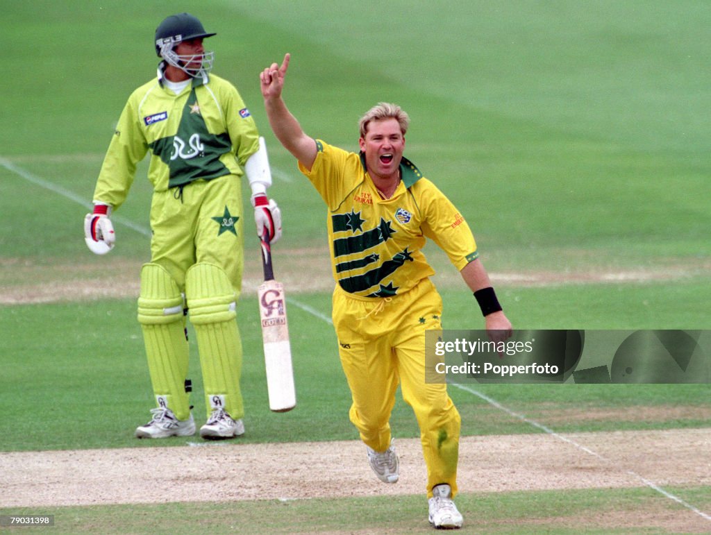 1999 Cricket World Cup Final. Lords. 20th June, 1999. Australia beat Pakistan by 8 wickets. Australia's Shane Warne celebrates after taking the wicket of Pakistan's Wasim Akram, the first of four.