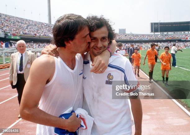 World Cup Finals, Second Phase, Mexico City, Mexico, 17th June France 2 v Italy 0, France's Michel Platini is warmly congratulated by Italy's Marco...