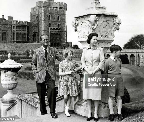 6th June 1959, A picture of the Royal family on top of the East Terrace Garden stops with the Brunswick Tower in the background, at the Royal retreat...