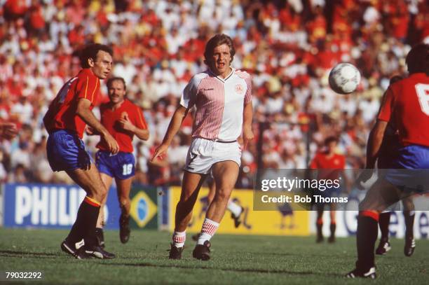 World Cup Finals, Second Phase, Queretaro, Mexico, 18th June Spain 5 v Denmark 1, Denmark's Jan Molby goes for the ball