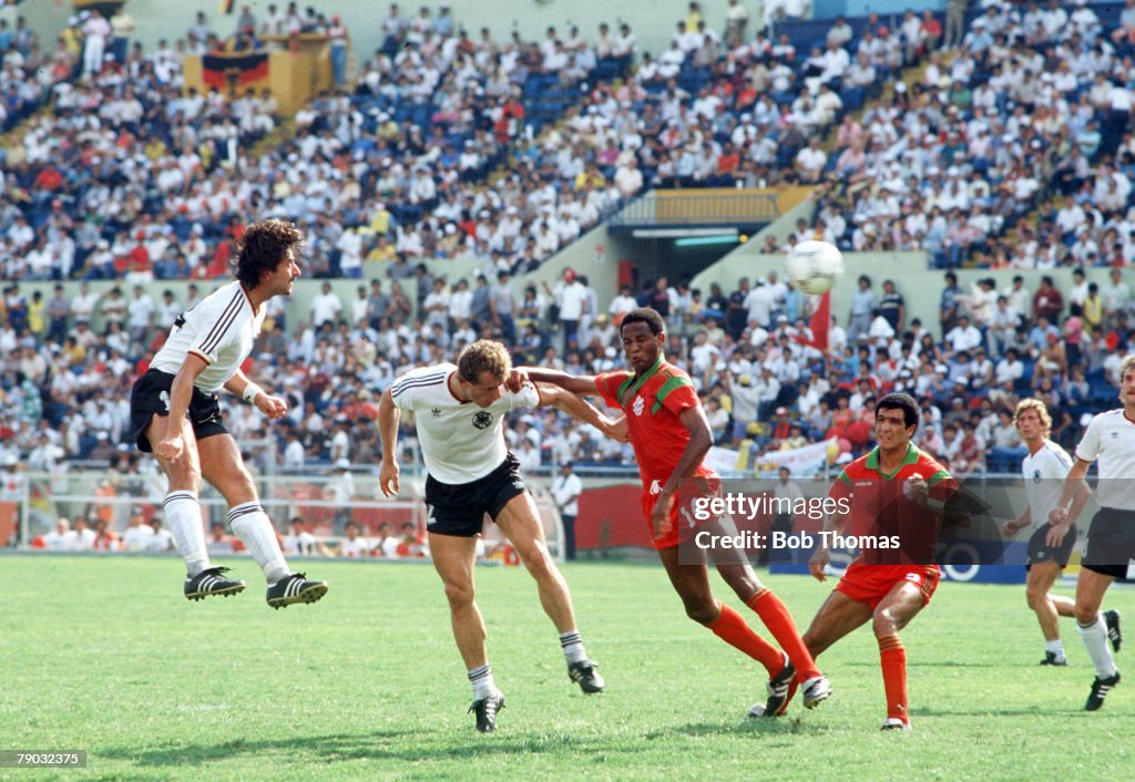 1986 World Cup Finals. Second Phase. Monterrey, Mexico. 17th June, 1986. West Germany 1 v Morocco 0 West Germany's Hans Peter Briegel and Klaus Allofs cause problems for the Moroccan defence.