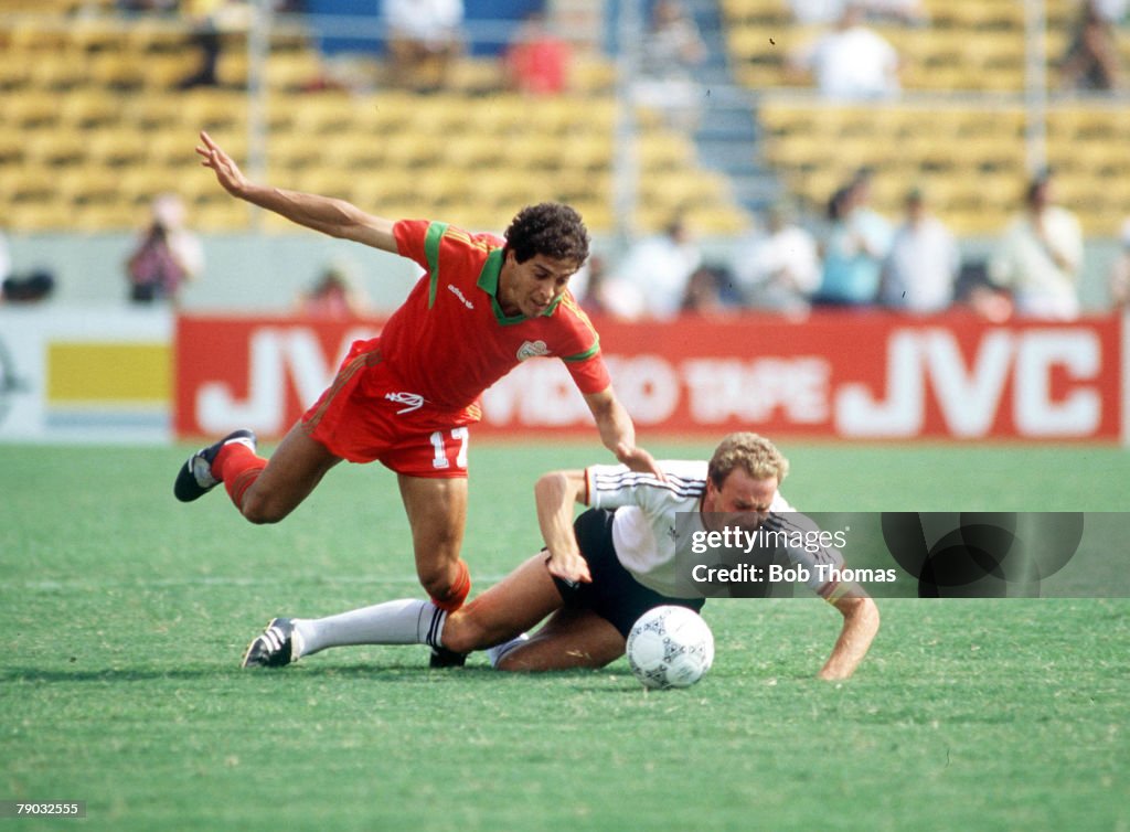 1986 World Cup Finals. Second Phase. Monterrey, Mexico. 17th June, 1986. West Germany 1 v Morocco 0 West Germany's Karl Heinz Rummenigge falls after a challenge from Morocco's Khairi.