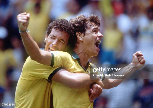 World Cup Finals, Second Phase, Guadalajara, Mexico, 16th June Brazil 4 v Poland 0, Brazil's Edinho is embraced by teammate Careca after scoring the...