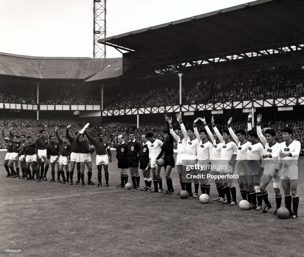 Sport/Football. 1966 World Cup Finals. Quarter Final. Goodison Park, England. 23rd July 1966. Portugal 5 v North Korea 3. The Portugal team (left) and North Korea team wave to the crowd before the kick-off. At one time during the game a major shock looked