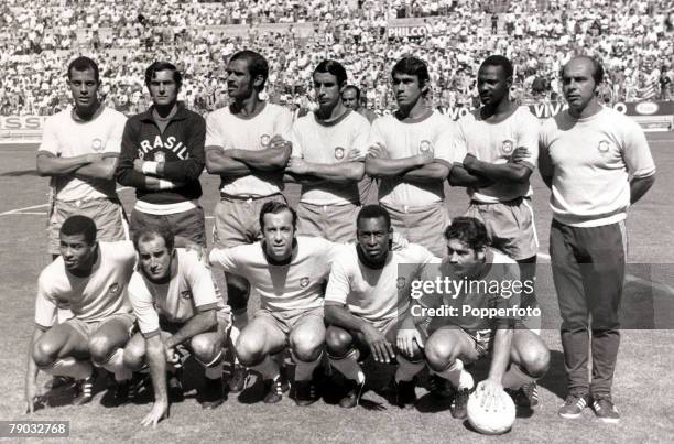 World Cup Finals, Guadalajara, Mexico, Semi-Finals, 17th June 1970, Brazil 3 v Uruguay 1, the Brazil team lines up on the pitch in Estadio Jalisco...