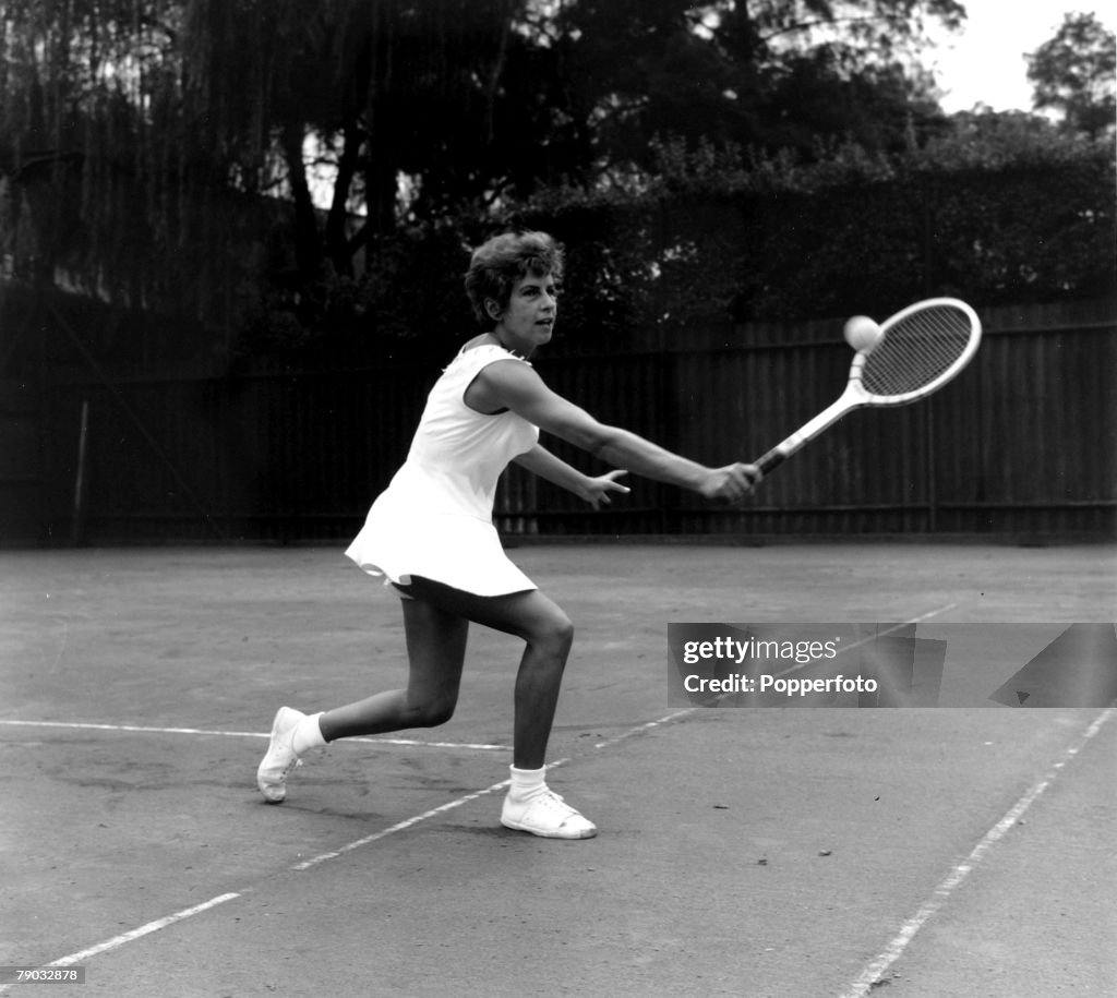 Sport. Tennis. Wimbledon, London, England. 1966. Brazil's Maria Esther Bueno is pictured in action on the court. Bueno was the first South American player to win the Wimbledon singles championship in 1959 also winning the U. S. title in the same year. Her