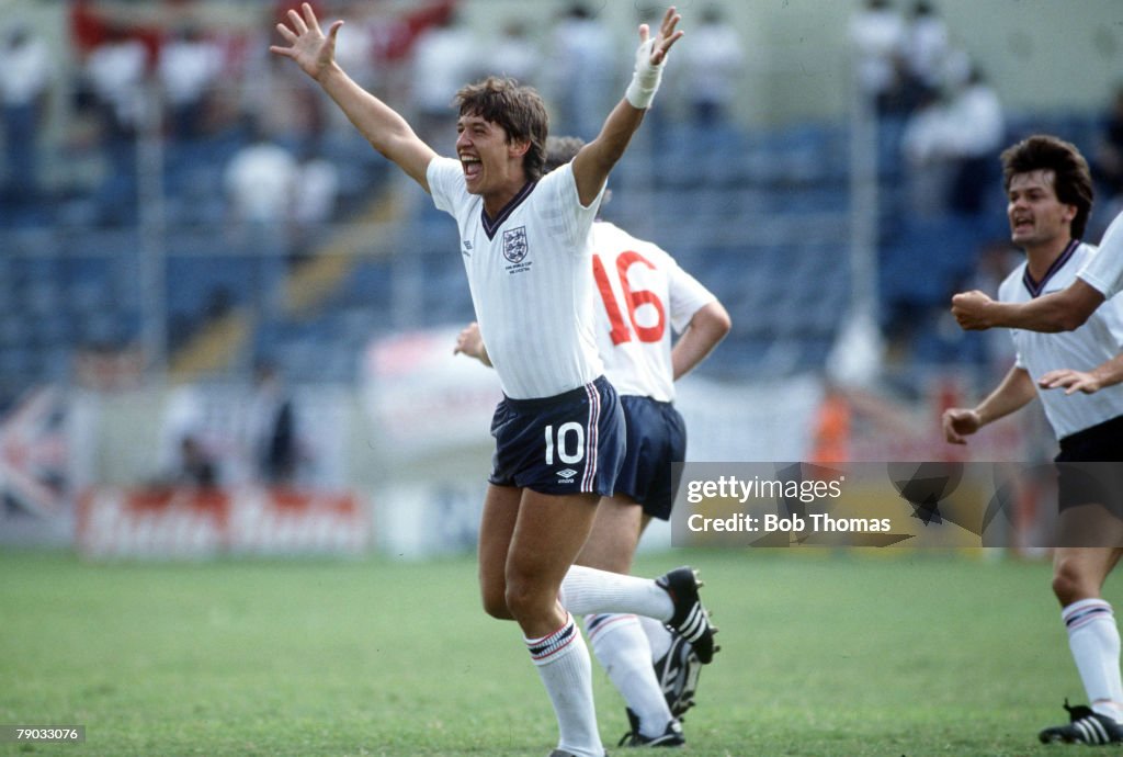 1986 World Cup Finals. Monterrey, Mexico. 11th June, 1986. England 3 v Poland 0. England's hat-trick hero Gary Lineker celebrates after scoring the first of his three goals.