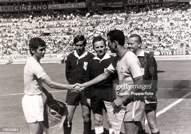 World Cup Finals, Guadalajara, Mexico, 10th June 1970, Group 3, Brazil 3 v Romania 2, Brazil captain Carlos Alberto shakes hands with Romania captain...