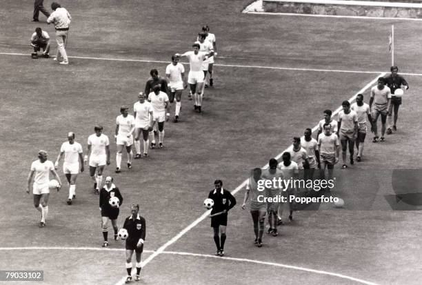 World Cup Finals, Guadalajara, Mexico, 7th June 1970, Group 3, England 0 v Brazil 1, The two teams walk onto the pitch together at Estadio Jalisco,...