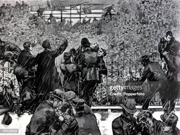 Sport, Football, Ibrox Park, Glasgow, 5th April 1902, Home International Match, Scotland 1 v England 1, This illustration shows police and rescuers...