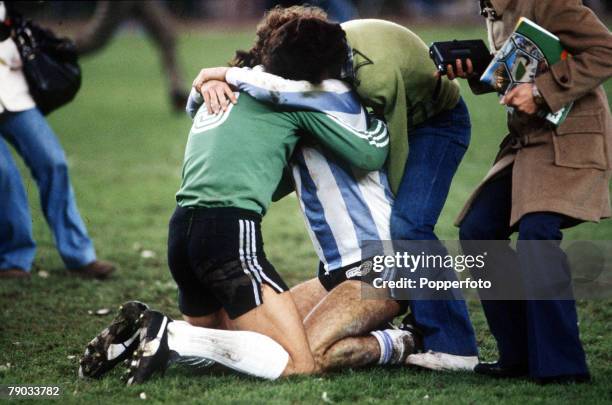 World Cup Final, Buenos Aires, Argentina, 25th June Argentina 3 v Holland 1 , Argentina's Alberto Tarantini celebrates with goalkeeper Ubaldo Fillol...