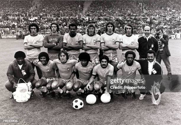 Sport, Football, 1974 World Cup Finals, Frankfurt, West Germany, 13th June 1974, Brazil 0 v Yugoslavia 0, The Brazil team pose before the game, the...