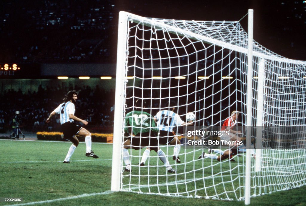 1990 World Cup Finals. Naples, Italy. 13th June, 1990. Argentina 2 v USSR 0. Argentina's Diego Maradona handles the ball inside his own penalty area, not seen by the referee.