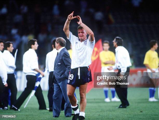 World Cup Semi Final, Turin, Italy, 4th July West Germany 1 v England 1 , A tearful Paul Gascoigne applauds the crowd at the end of the match as...