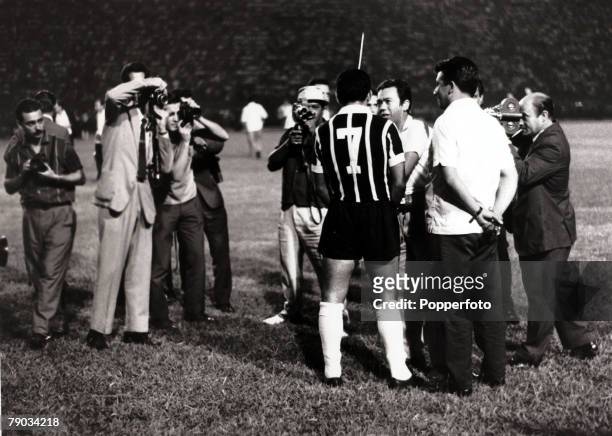 Sport, Football in South America Brazil star Garrincha the centre of attention from the media before a club game in Brazil, He played 60 times for...