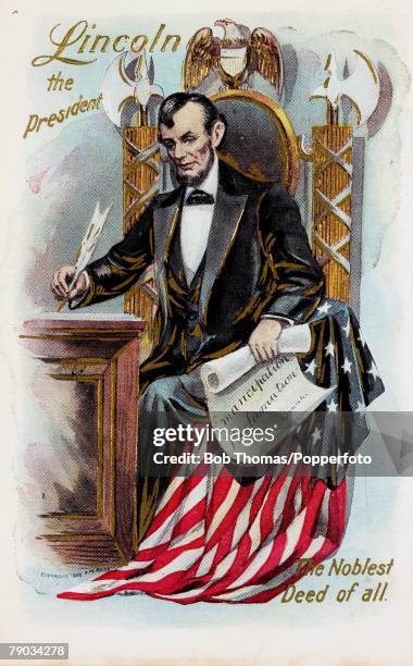 Colour illustration, Politics, Abraham Lincoln, U,S, politician, 16th President of the United States, Illustration shows Abraham Lincon with the...