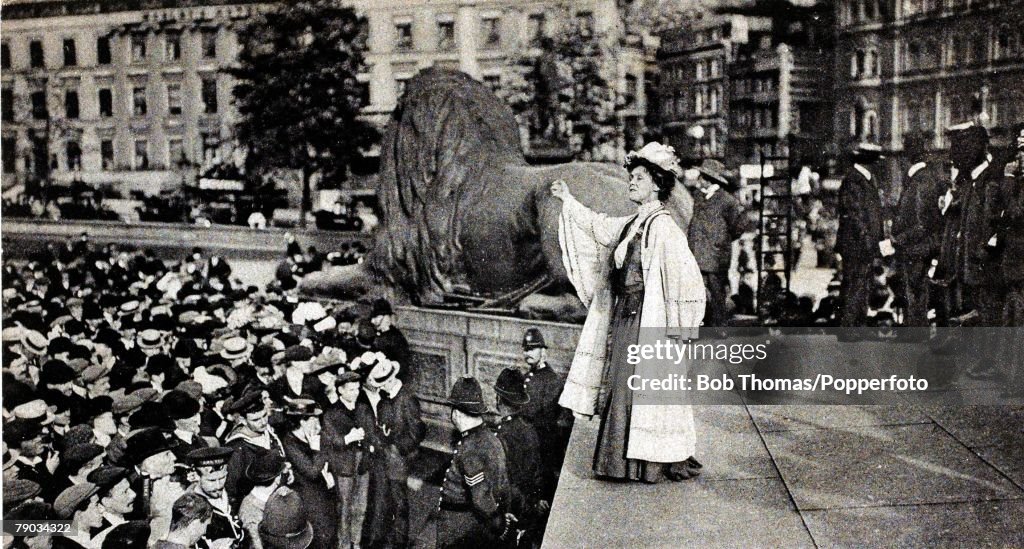 Suffragette Movement. Mrs Emmeline Pankhurst, (1858-1928) speaking at Trafalgar Square, inviting the the crowds to rush to the House of Commons.