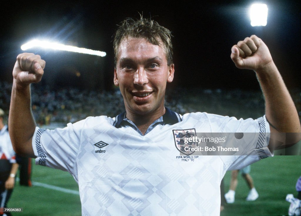 1990 World Cup Finals. Second Phase. Bologna, Italy. 26th June, 1990. England 1 v Belgium 0 (after extra time). England hero David Platt celebrates at the end of the match as his team advance to the Quarter Finals.