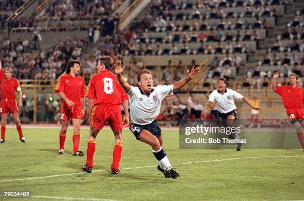 World Cup Finals, Second Phase, Bologna, Italy, 26th June England 1 v Belgium 0 , England's David Platt celebrates after scoring his dramatic winning...