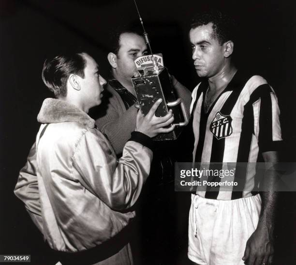 Sport, Football, circa 1964, Santos and Brazil international Zito being interviewed after a club game for Santos, Zito played in Brazil's World Cup...