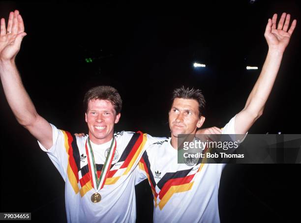 World Cup Final, Rome, Italy, 8th July West Germany 1 v Argentina 0, West Germany's Klaus Augenthaler celebrates victory with Stefan Reuter at the...