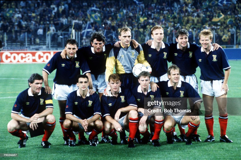 1990 World Cup Finals. Turin, Italy. 20th June, 1990. Brazil 1 v Scotland 0. Scotland pose for a team group before the match.