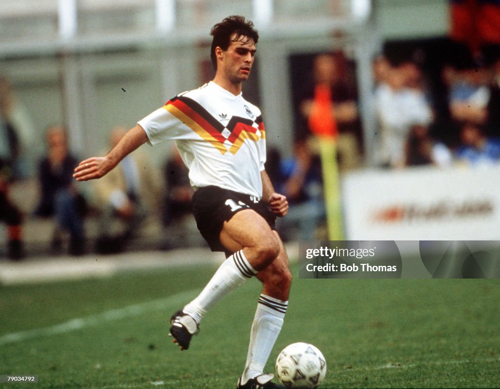 1990 World Cup Finals. Milan, Italy. 19th June, 1990. West Germany 1 v Colombia 1. West Germany's Thomas Berthold on the ball.