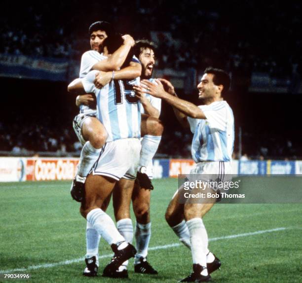 World Cup Finals, Naples, Italy, 18th June Argentina 1 v Romania 1, Argentine players celebrate after Pedro Monzon had scored their side's goal