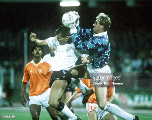 World Cup Finals, Cagliari, Italy, 16th June England 0 v Holland 0, Holland goalkeeper Hans Van Breukelen saves under pressure from England's Steve...