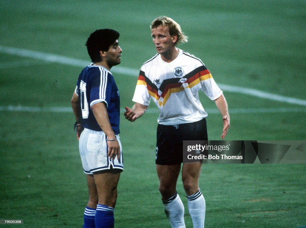 1990 World Cup Final. Rome, Italy. 8th July, 1990. West Germany 1 v Argentina 0. West Germany's Andreas Brehme talks to Argentina's Diego Maradona.