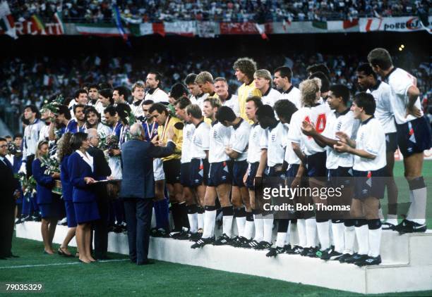 World Cup Third Place Play Off, Bari, Italy, 7th July Italy 2 v England 1, FIFA President Joao Havelange presents the England squad with their medals...
