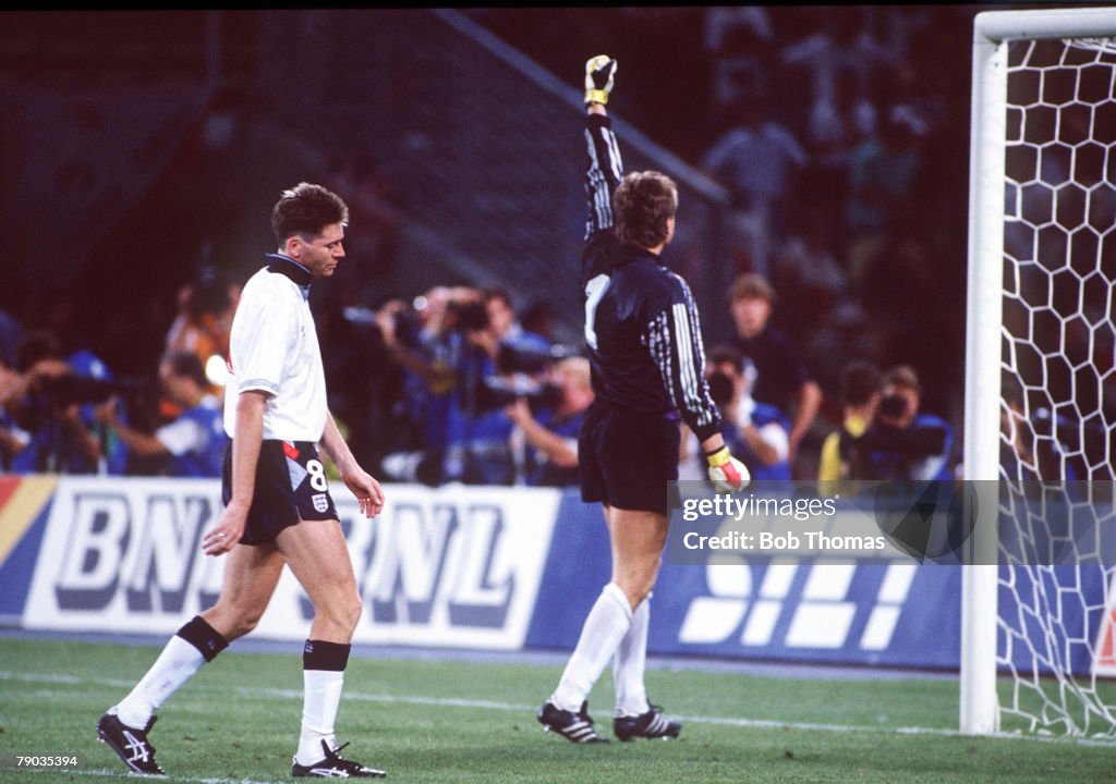 1990 World Cup Semi Final. Turin, Italy. 4th July, 1990. West Germany 1 v England 1 (West Germany win 4-3 on penalties). West German goalkeeper Bodo Illgner celebrates as his team reach the World Cup Final following Chris Waddle's penalty miss in the shoo