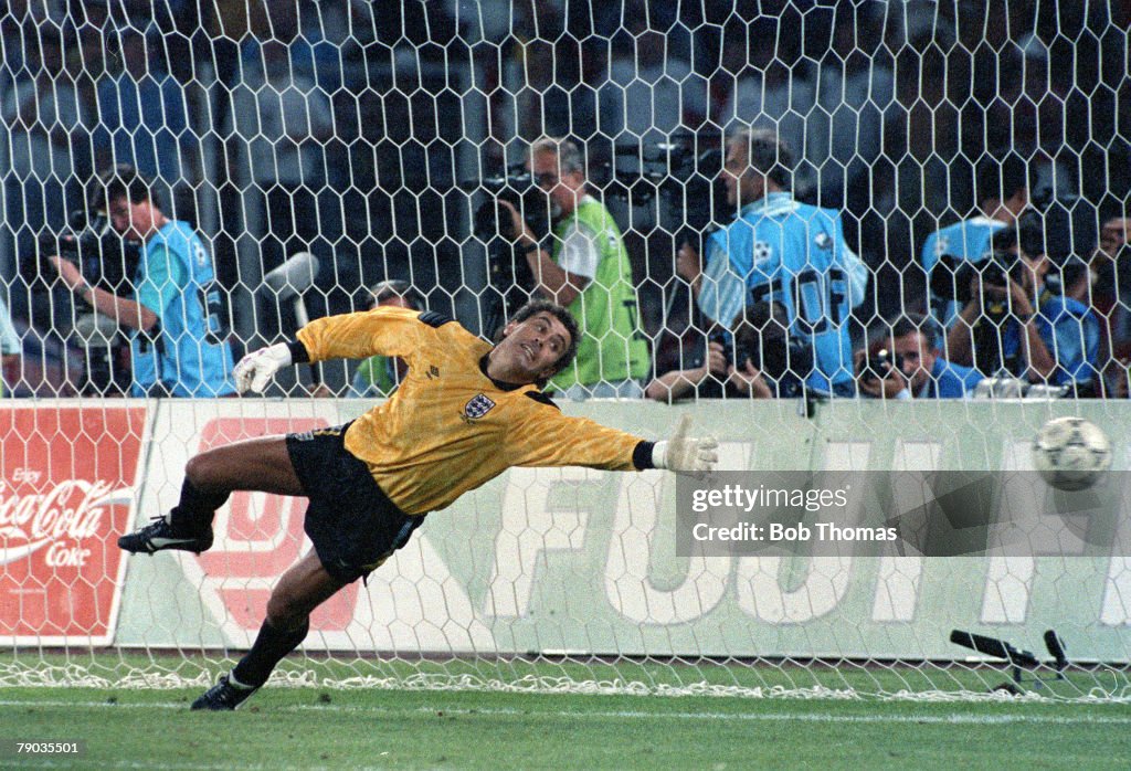 1990 World Cup Semi Final. Turin, Italy. 4th July, 1990. West Germany 1 v England 1 (West Germany win 4-3 on penalties). England goalkeeper Peter Shilton dives during the penalty shoot out.