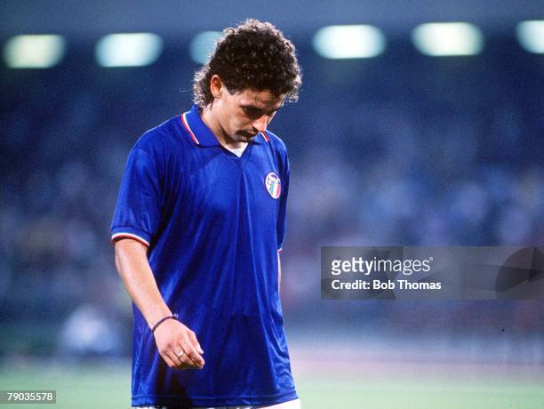 World Cup Semi Final, Naples, Italy, 3rd July Italy 1 v Argentina 1 , Italy's Roberto Baggio walks off the pitch dejected as Italy are eliminated...