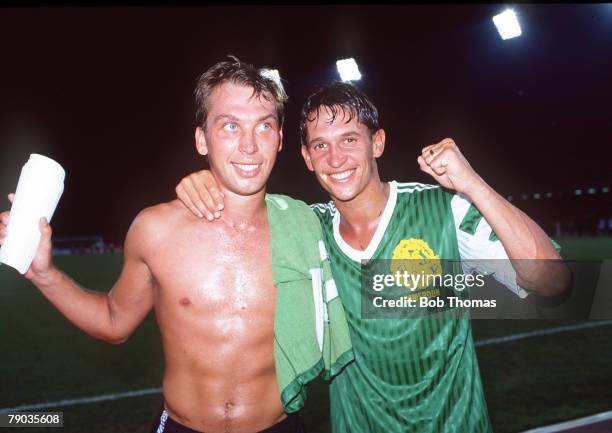 World Cup Quarter Final, Naples, Italy, 1st July England 3 v Cameroon 2 , England goalscorers David Platt and Gary Lineker celebrate at the end of...