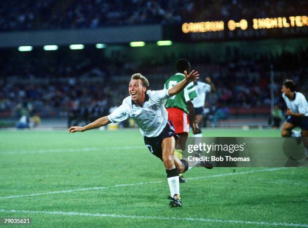 World Cup Quarter Final, Naples, Italy, 1st July England 3 v Cameroon 2 , England's David Platt celebrates after heading his side's first goal