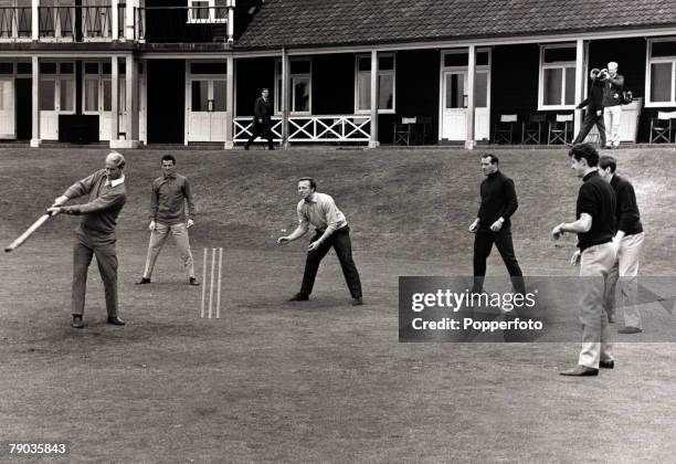 Sport,Football, 7th July 1966, Roehampton, 1966 World Cup Finals in England, Bobby Charlton batting in a lighthearted cricket match with England...