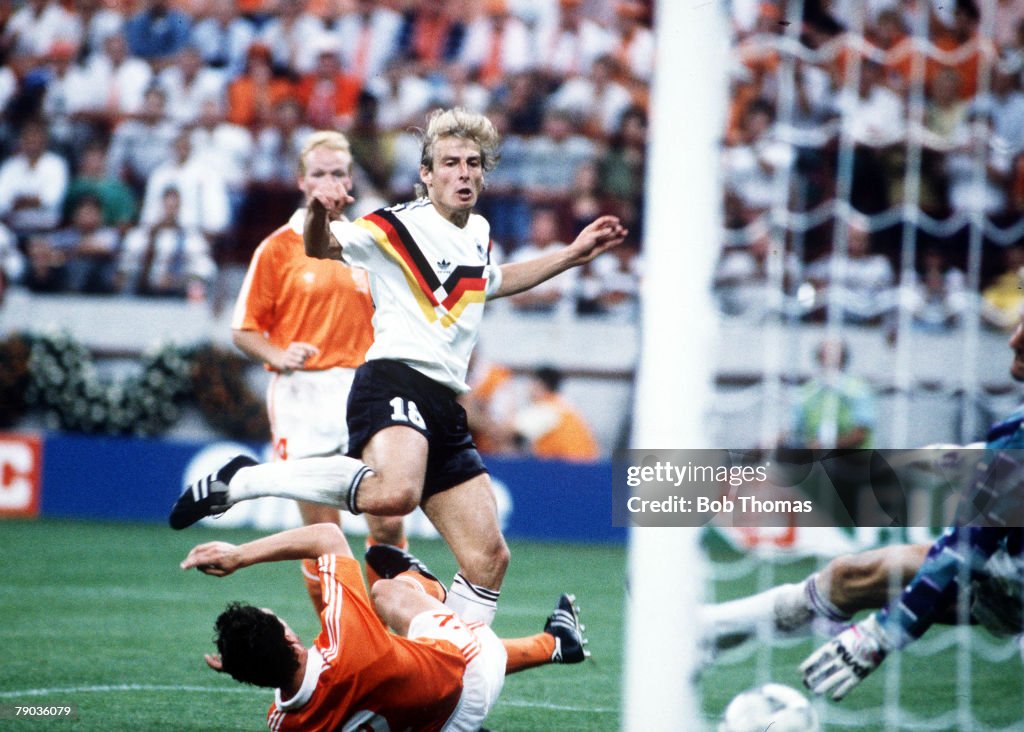 1990 World Cup Finals. Second Phase. Milan, Italy. 24th June, 1990. West Germany 2 v Holland 1. West Germany's Jurgen Klinsmann scores his side's first goal.