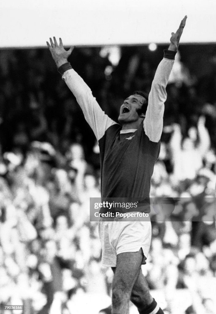 Sport. Football. Highbury, London, England. League Division One. 14th October 1972. Arsenal v Ipswich Town. Arsenal+s George Graham shows his delight after scoring a goal.