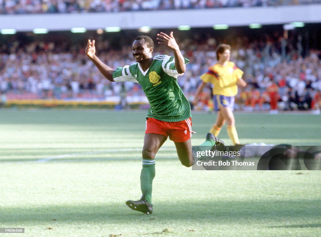 1990 World Cup Finals. Second Phase. Naples, Italy. 23rd June, 1990. Cameroon 2 v Colombia 1. Cameroon's Roger Milla celebrates after scoring the second goal to put his team through to the quarter finals.
