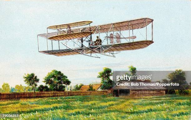 Early Aviation, Circa 1910's, Colour Illustration, The +Wright+ aeroplane being flown by one of the Wright brothers, who were the pioneers of aviation