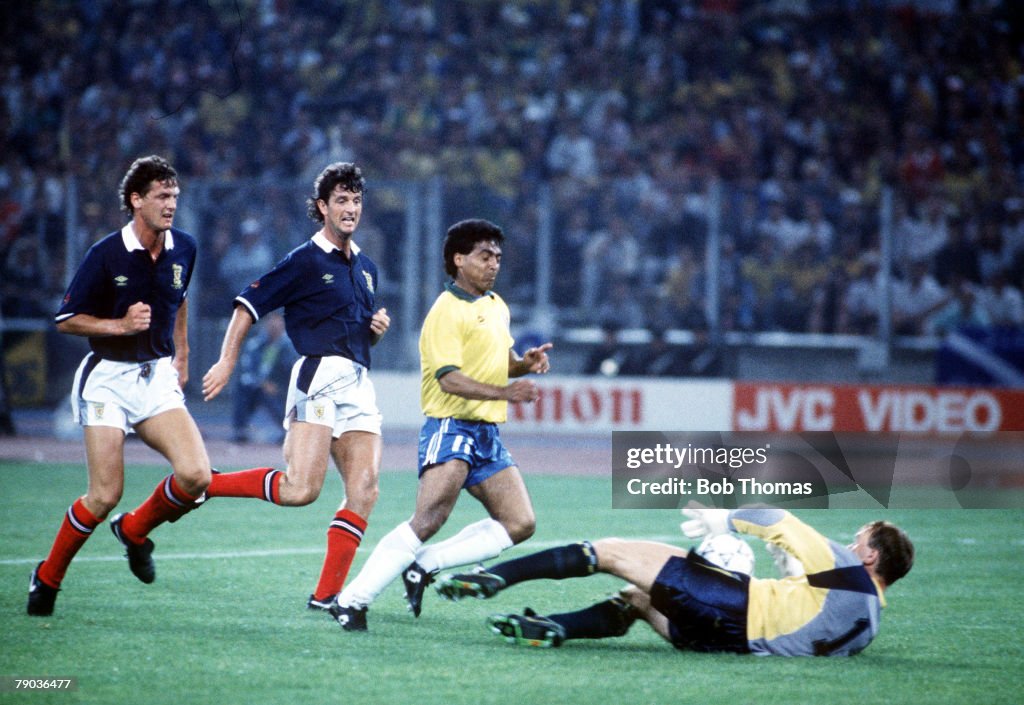 1990 World Cup Finals. Turin, Italy. 20th June, 1990. Brazil 1 v Scotland 0. Scottish goalkeeper makes a save from Brazil's Romario.