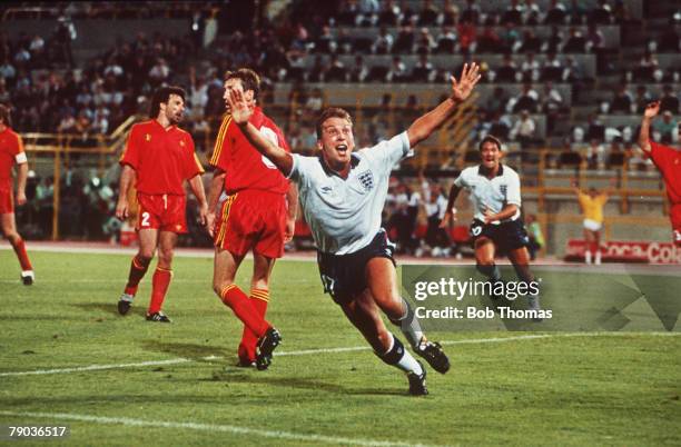 World Cup Finals, Second Phase, Bologna, Italy, 26th June England 1 v Belgium 0 , England's David Platt celebrates after scoring the game's only goal...