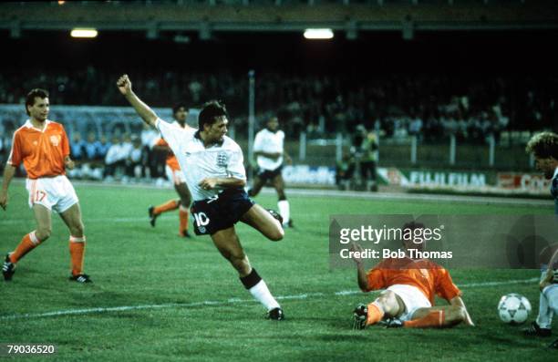 World Cup Finals, Cagliari, Italy, 16th June England 0 v Holland 0, England's Gary Lineker has his shot saved by Dutch goalkeeper Hans Van Breukelen