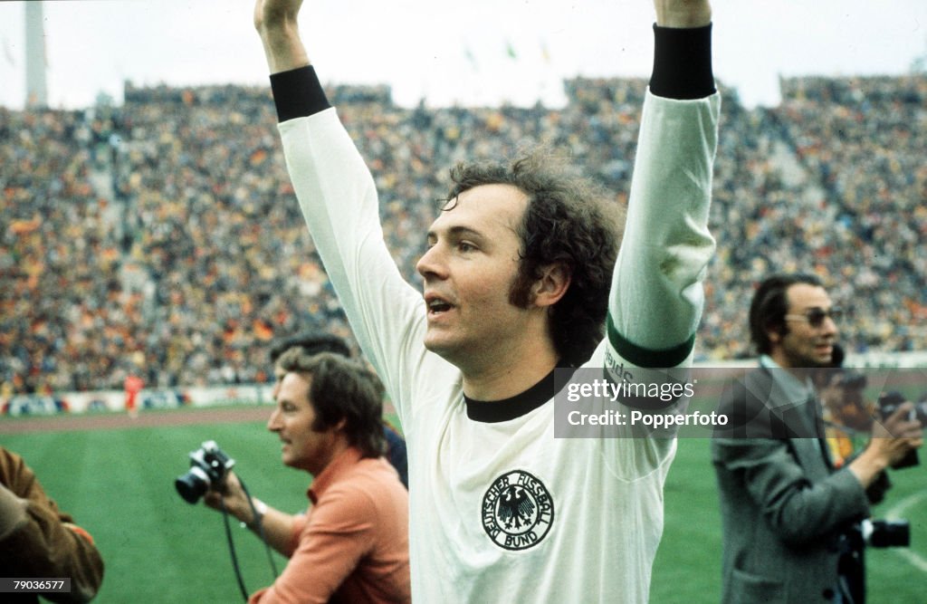 1974 World Cup Final. Munich, West Germany. 7th July, 1974. West Germany 2 v Holland 1. West German captain Franz Beckenbauer raises his arms in celebration as they become World Champions for the second time in history.