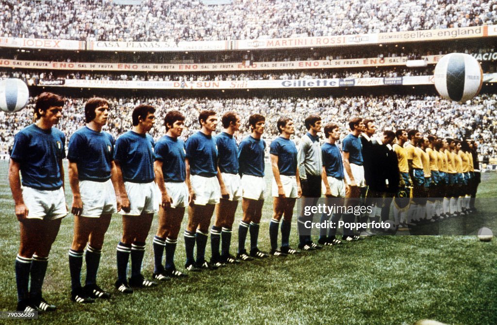1970 World Cup Final. Azteca Stadium, Mexico. 21st June, 1970. Brazil 4 v Italy 1. The two teams line up before the match.