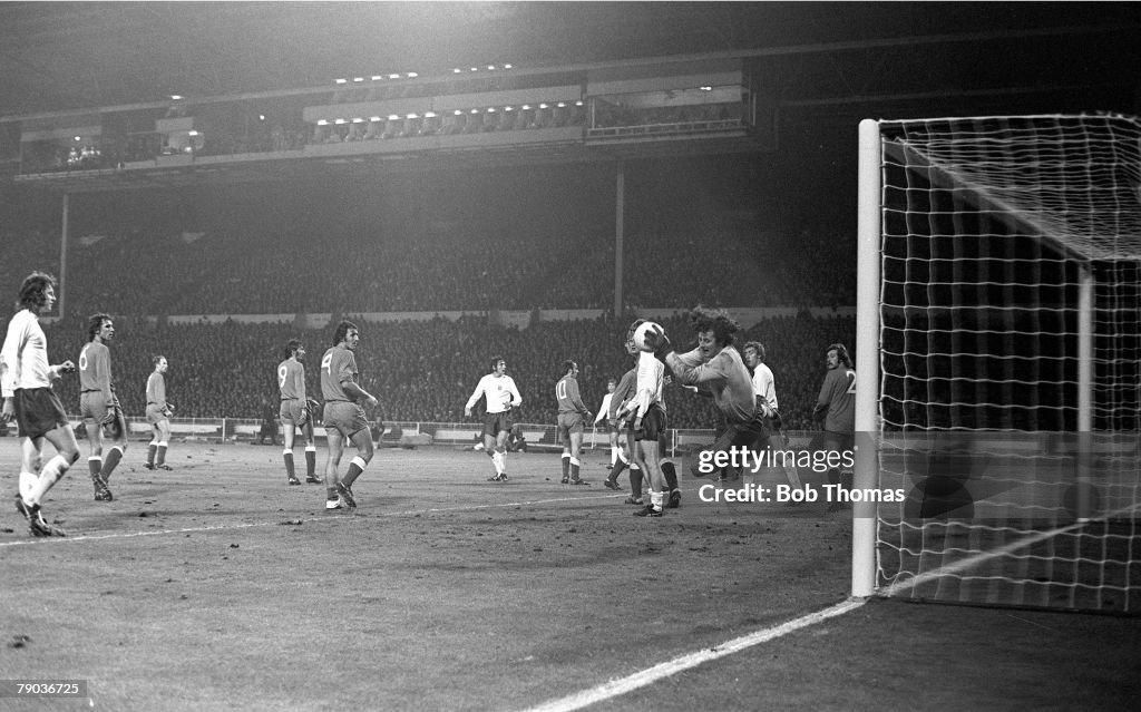 1973 World Cup Qualifier. Wembley Stadium. 17th October, 1973. England 1 v Poland 1. Poland's goalkeeper Jan Tomaszewski makes one of his many saves to deny England a goal during their vital World Cup qualifier. The 1-1 draw meant England did not qualify 